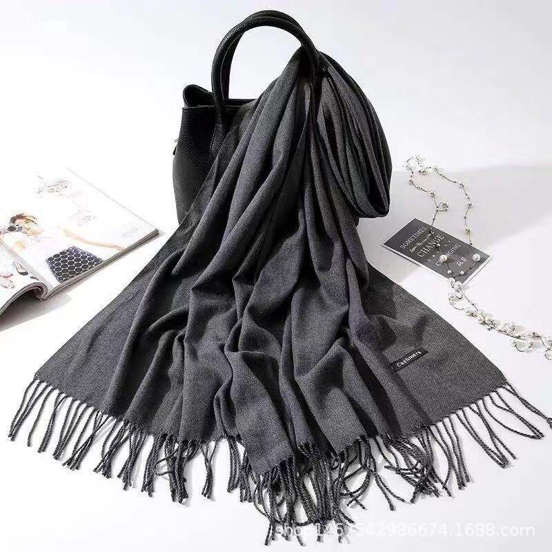 Imitation Cashmere Scarf for Women, Solid Color Fringed Warm Dual-use Shawl