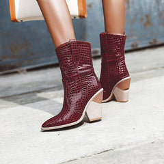 New Pointed Short Tube Female Leather Boots Square Heel Knight Boots