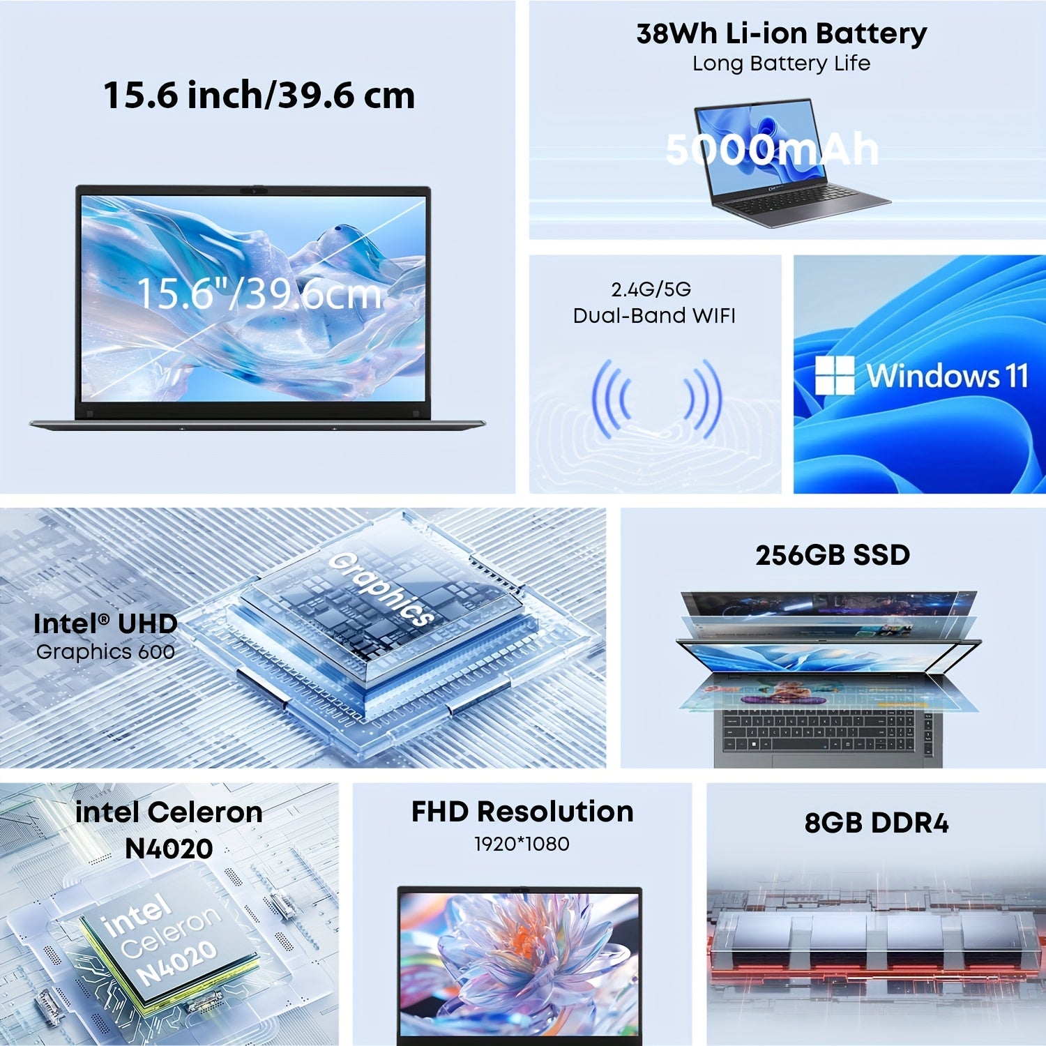 CHUWI HeroBook Plus Windows 11 Laptop, 15.6" 1920*1080 FHD IPS Display, 8GB DDR4 256GB SSD 1TB SSD Expand, Intel N4020, HD Interface, RJ45, 2.4G/5G WiFi, Webcam, USB-A, Type-C, Headphone Jack, NoteBook Computer