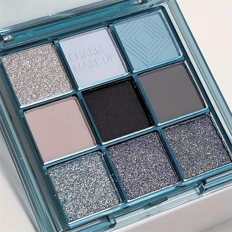 Mesmerizing Blue Sky 9-Color Eyeshadow Palette - Shimmer, Glitter & Matte Finishes - Waterproof, Sweatproof, Long-Lasting - Perfect for Smoky Grey & Blue Makeup Looks