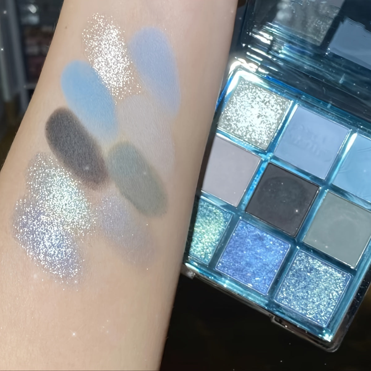 Mesmerizing Blue Sky 9-Color Eyeshadow Palette - Shimmer, Glitter & Matte Finishes - Waterproof, Sweatproof, Long-Lasting - Perfect for Smoky Grey & Blue Makeup Looks