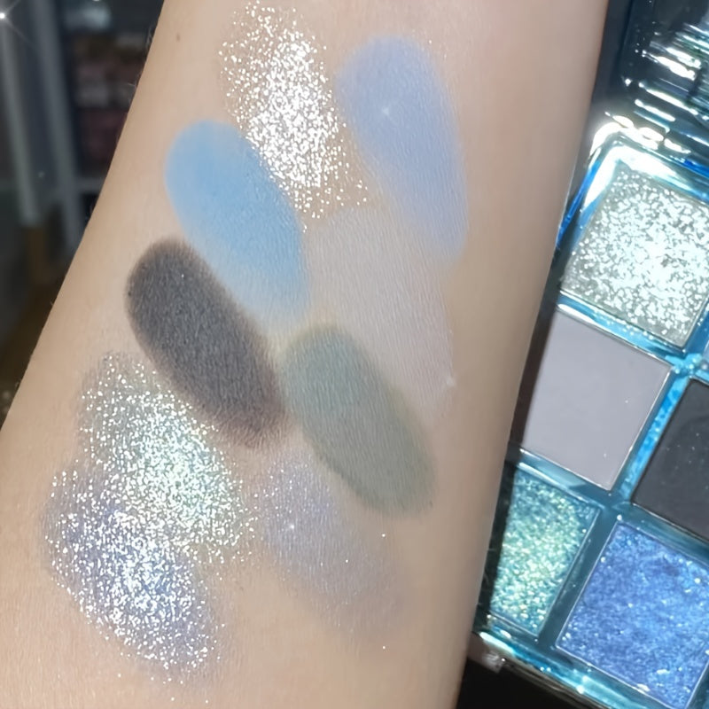 Mesmerizing Blue Sky 9-Color Eyeshadow Palette - Shimmer, Glitter & Matte Finishes - Waterproof, Sweatproof, Long-Lasting - Perfect for Smoky Grey & Blue Makeup Looks