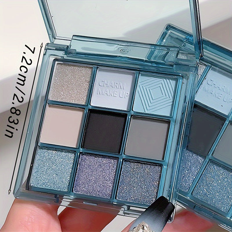 Mesmerizing Blue Sky 9-Color Eyeshadow Palette - Shimmer, Glitter & Matte Finishes - Waterproof, Sweatproof, Long-Lasting - Perfect for Smoky Grey & Blue Makeup Looks