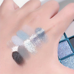 Mesmerizing Blue Sky 9-Color Eyeshadow Palette - Shimmer, Glitter & Matte Finishes - Waterproof, Sweatproof, Long-Lasting - Perfect for Smoky Grey & Blue Makeup Looks