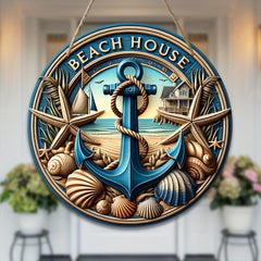 Beach House Nautical Wood Sign - 1 pc, Hanging Wall Art Decor with Anchor, Starfish & Seashells, Versatile Decoration for Home, Front Door, Parties - Universal Holiday Ornament, No Electricity Needed