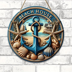 Beach House Nautical Wood Sign - 1 pc, Hanging Wall Art Decor with Anchor, Starfish & Seashells, Versatile Decoration for Home, Front Door, Parties - Universal Holiday Ornament, No Electricity Needed
