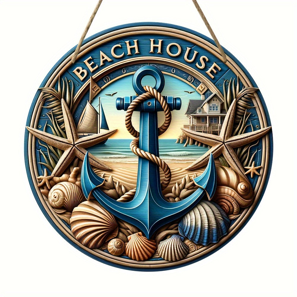Beach House Nautical Wood Sign - 1 pc, Hanging Wall Art Decor with Anchor, Starfish & Seashells, Versatile Decoration for Home, Front Door, Parties - Universal Holiday Ornament, No Electricity Needed