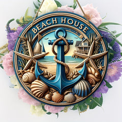 Beach House Nautical Wood Sign - 1 pc, Hanging Wall Art Decor with Anchor, Starfish & Seashells, Versatile Decoration for Home, Front Door, Parties - Universal Holiday Ornament, No Electricity Needed