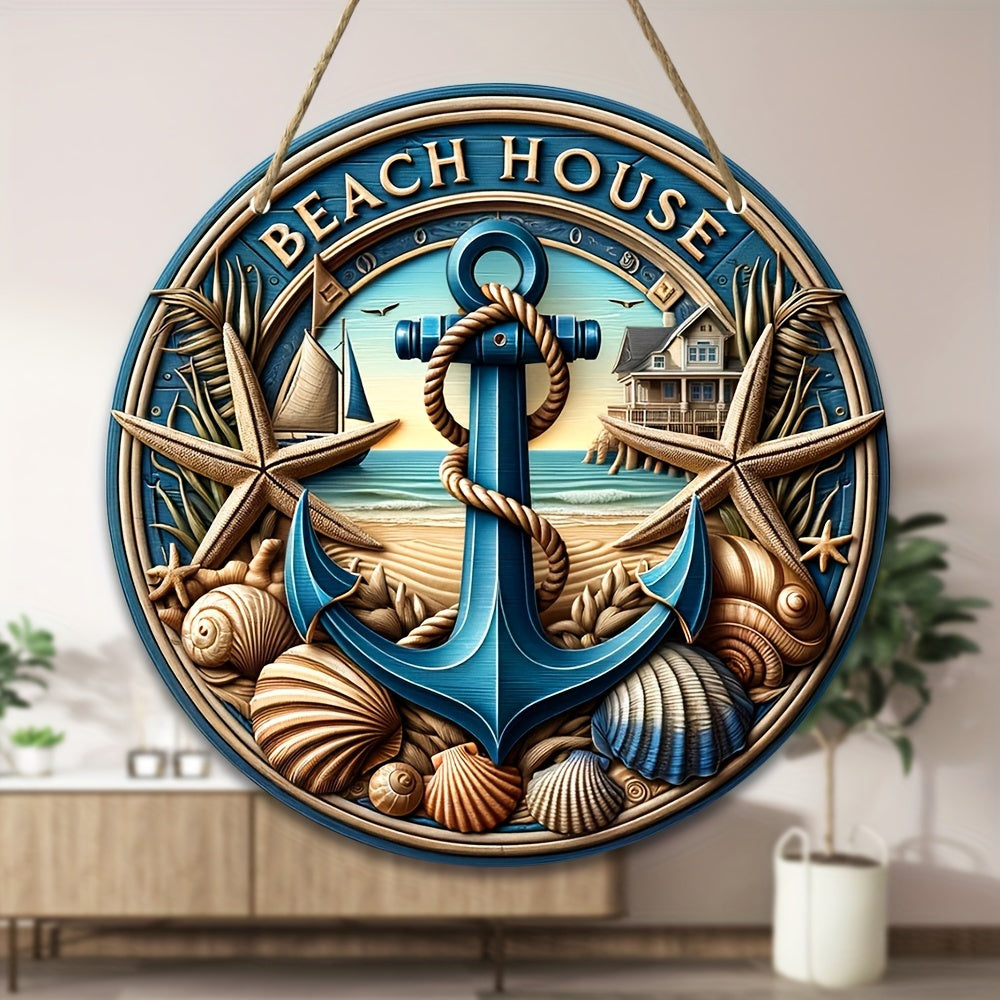 Beach House Nautical Wood Sign - 1 pc, Hanging Wall Art Decor with Anchor, Starfish & Seashells, Versatile Decoration for Home, Front Door, Parties - Universal Holiday Ornament, No Electricity Needed
