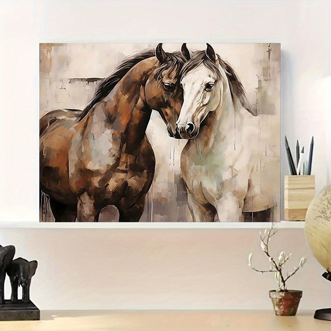 1pc Canvas Wall Art Print | Romantic Couple Horses Illustration | Creative Wall Decor for Home, Bedroom, Kitchen, Living Room, Bathroom | Hotel, Cafe, Office Art Piece | Frameless, Major Material: Other | 12x16 inches
