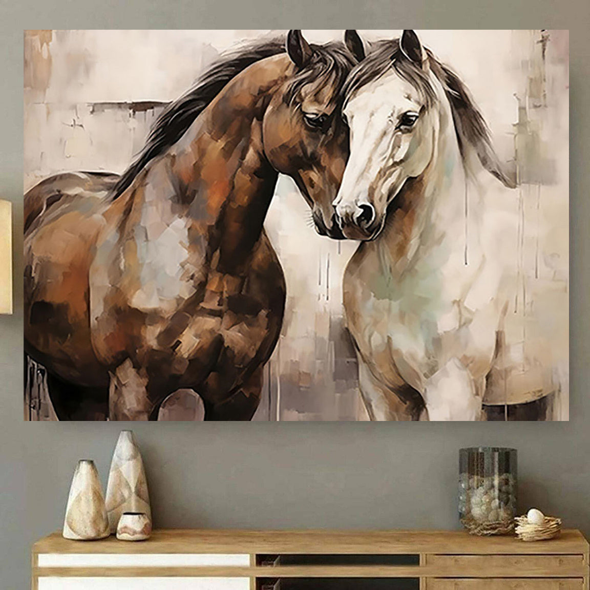 1pc Canvas Wall Art Print | Romantic Couple Horses Illustration | Creative Wall Decor for Home, Bedroom, Kitchen, Living Room, Bathroom | Hotel, Cafe, Office Art Piece | Frameless, Major Material: Other | 12x16 inches