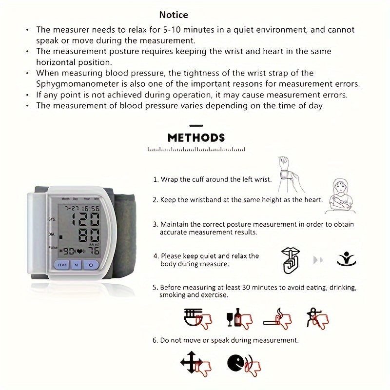 Automatic Blood Pressure Monitor Wrist Cuff with Large LCD Screen And Durable PP Storage Box - Adjustable Cuff, Pulse Rate Detection, Irregular Heartbeat Alert, Battery-Powered (Batteries Not Included), Safe for Adults, 36V O