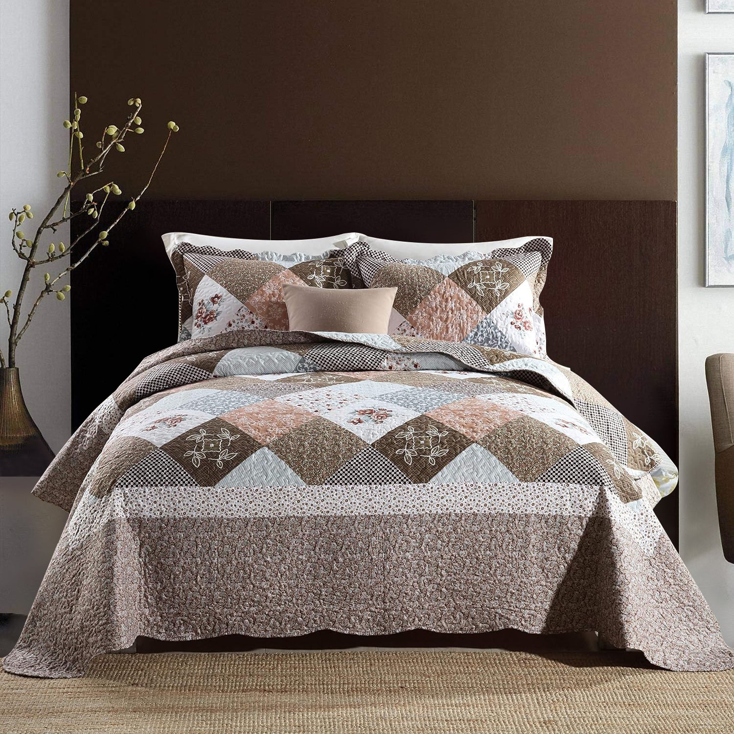 3pcs Handmade Quilting Masterpiece Bedspread - Luxurious 100% Pure Cotton, Breathable Microfiber Filled, Symmetrical Border, Wear-Resistant, Warm in Winter, Cool in Summer, Ideal Home Gift