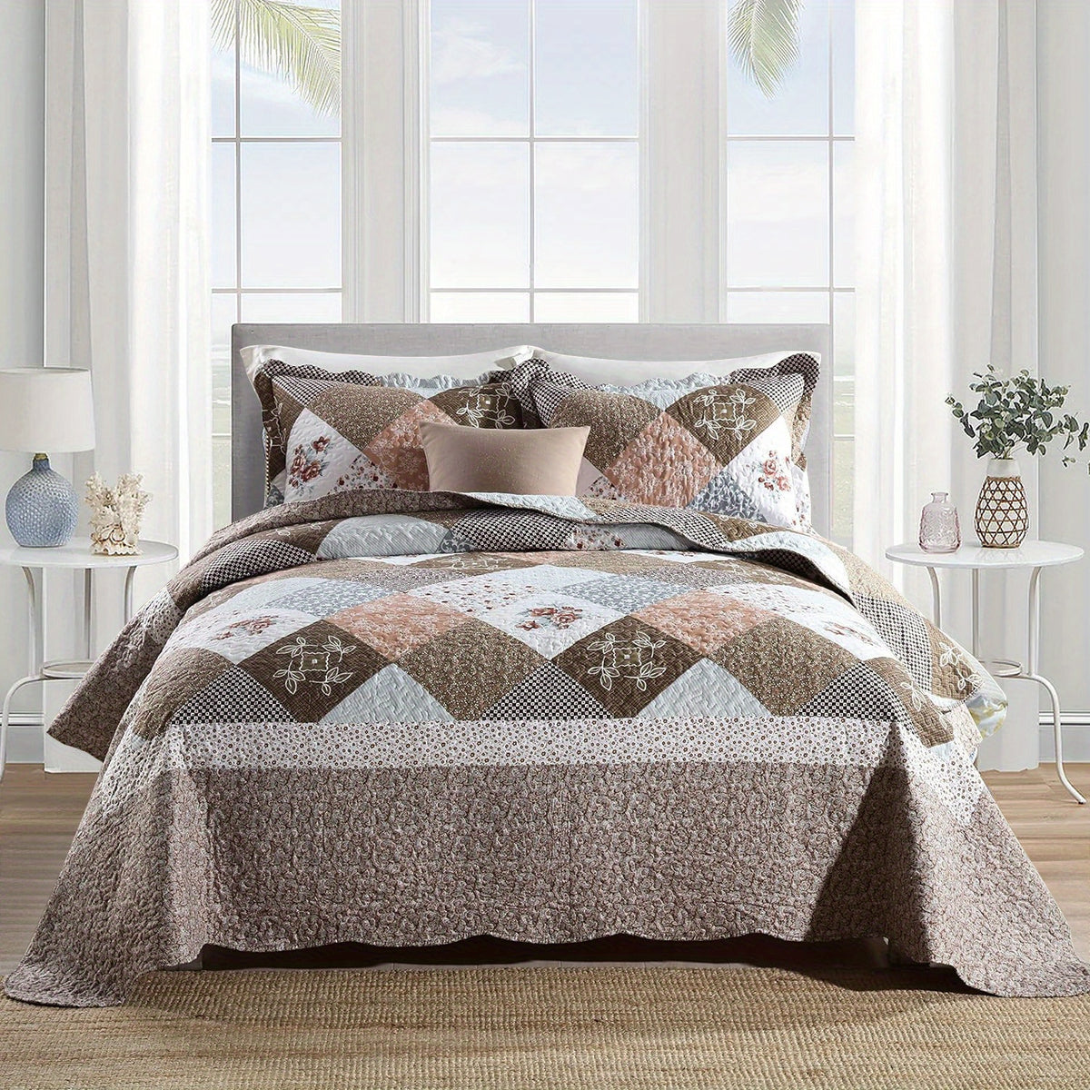 3pcs Handmade Quilting Masterpiece Bedspread - Luxurious 100% Pure Cotton, Breathable Microfiber Filled, Symmetrical Border, Wear-Resistant, Warm in Winter, Cool in Summer, Ideal Home Gift