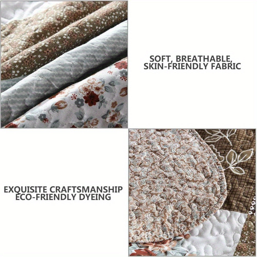 3pcs Handmade Quilting Masterpiece Bedspread - Luxurious 100% Pure Cotton, Breathable Microfiber Filled, Symmetrical Border, Wear-Resistant, Warm in Winter, Cool in Summer, Ideal Home Gift