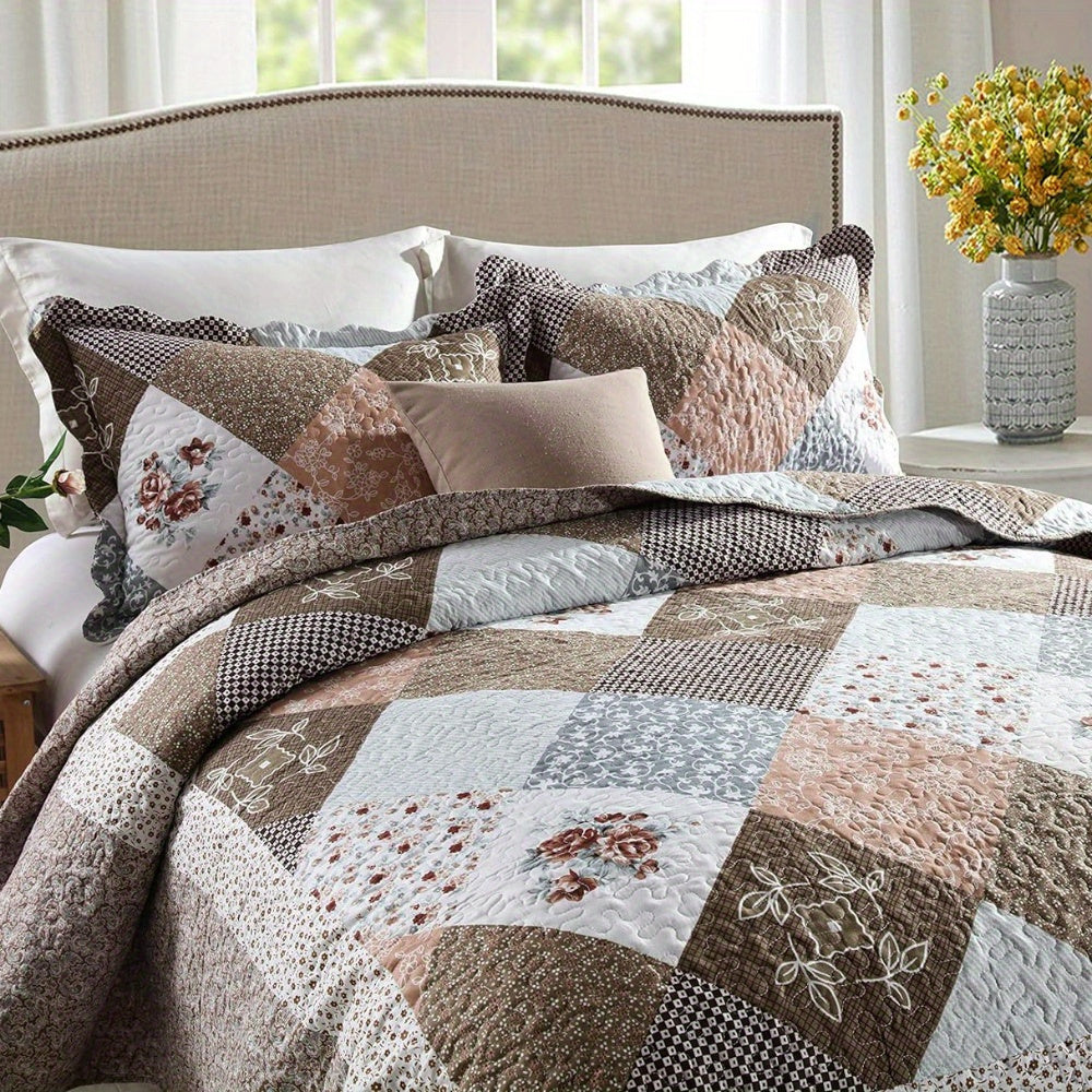 3pcs Handmade Quilting Masterpiece Bedspread - Luxurious 100% Pure Cotton, Breathable Microfiber Filled, Symmetrical Border, Wear-Resistant, Warm in Winter, Cool in Summer, Ideal Home Gift