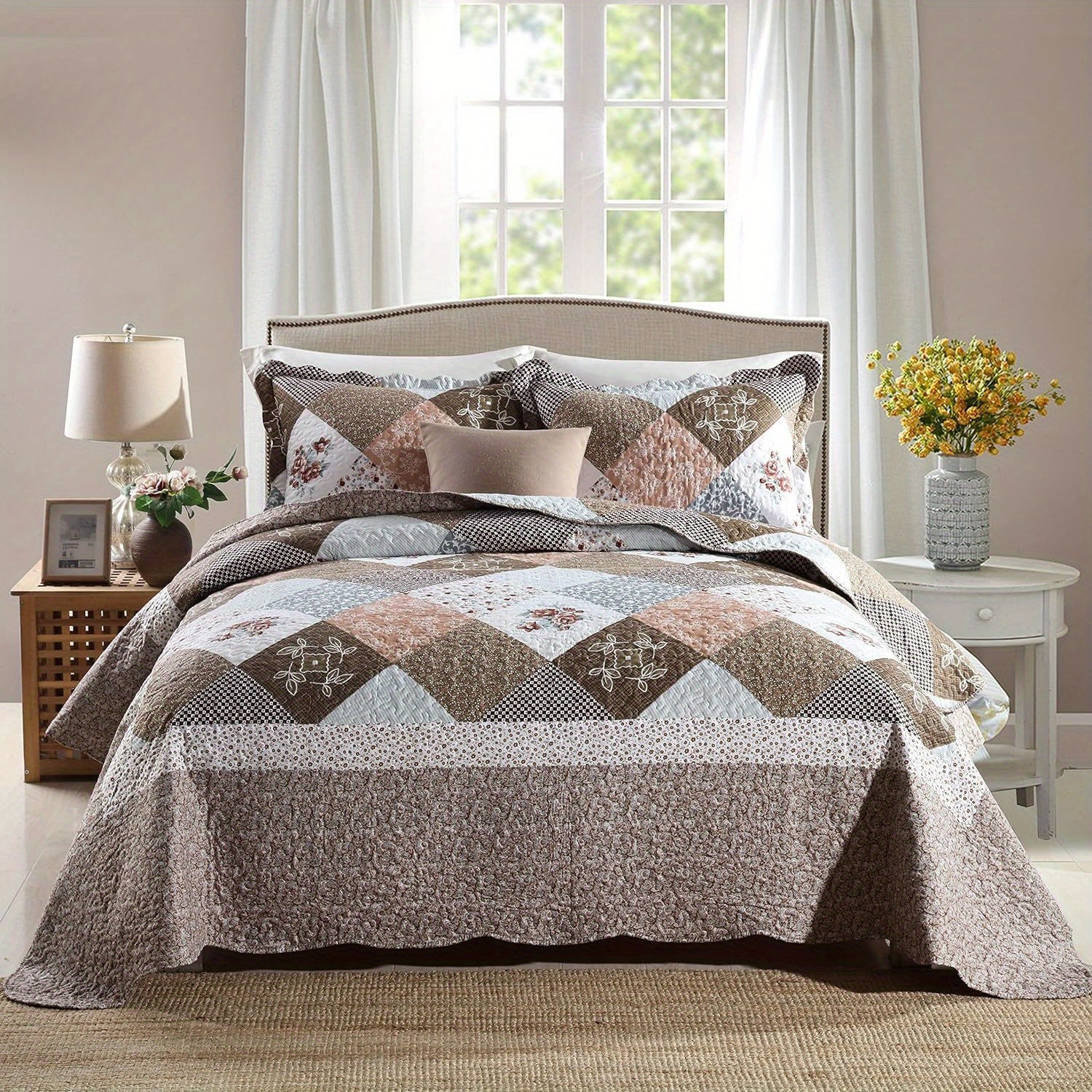3pcs Handmade Quilting Masterpiece Bedspread - Luxurious 100% Pure Cotton, Breathable Microfiber Filled, Symmetrical Border, Wear-Resistant, Warm in Winter, Cool in Summer, Ideal Home Gift