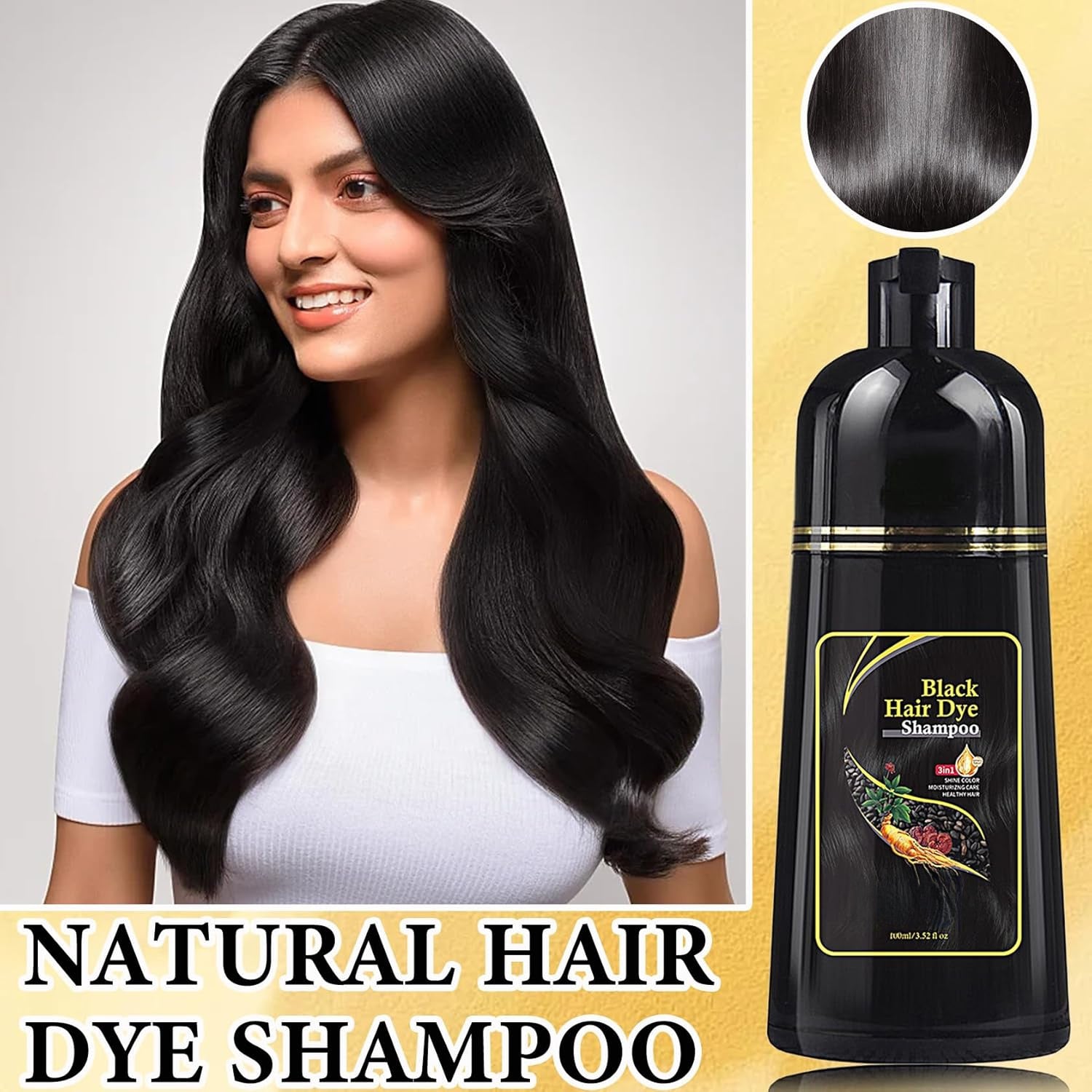 2pcs Black Hair Dye Shampoo 3 in 1 for Gray Hair Coverage Hair Color Shampoo for Men and Women, Herbal Hair Dye Shampoo, Instant Black Hair Shampoo Dye