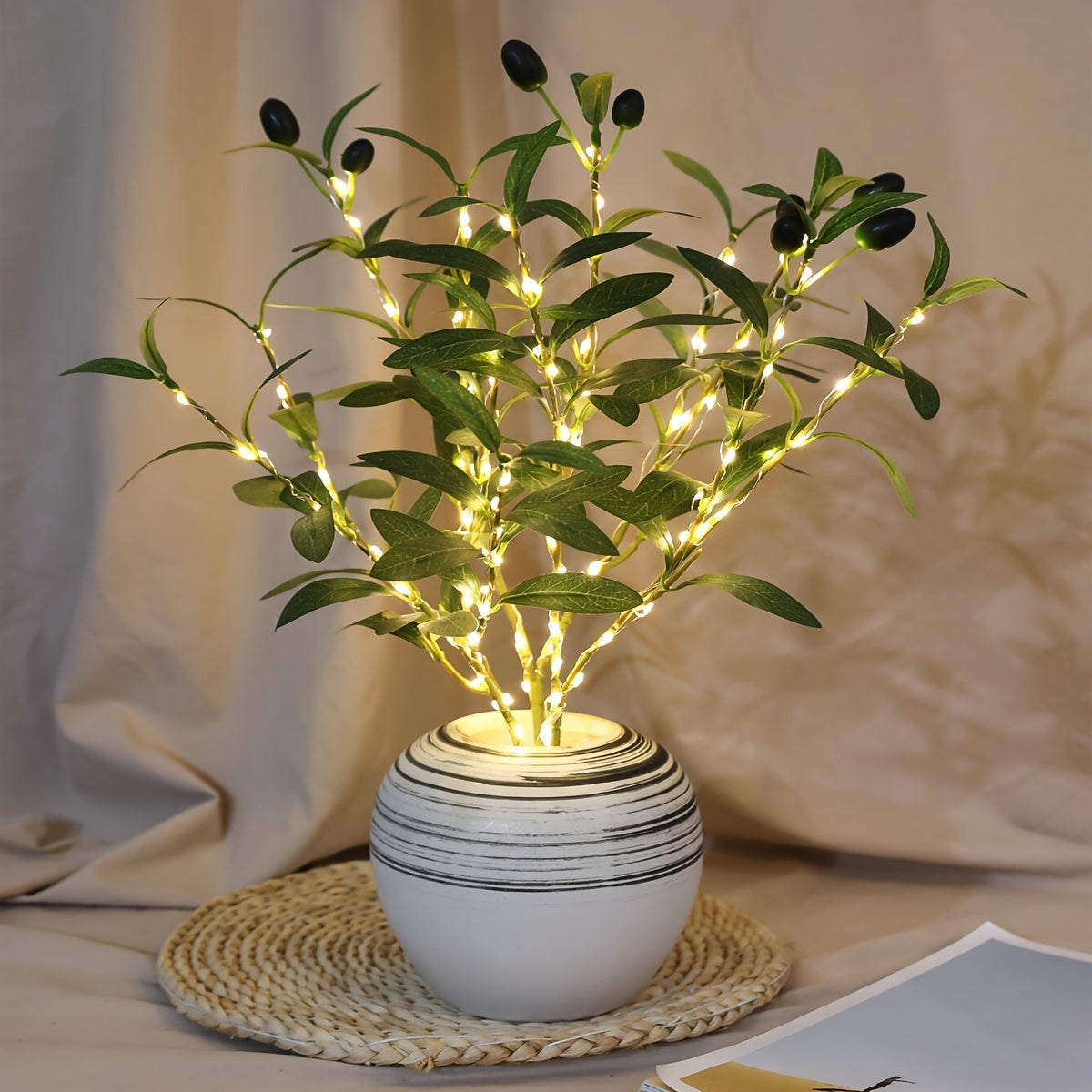 LED Olive Branch Light Fixture, Battery-Powered Decorative Lamp for Home, Wedding, Birthday, Party, Cabinet, Dining Table, Cafe Mood Lighting - No Battery Required