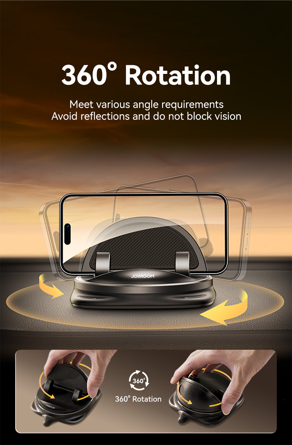 Joyroom Universal Car Phone Holder - ABS Material, 360° Rotatable Dashboard Mount, One-Handed Operation, Super Strong Grip, Upgraded Silicone Design for Secure Phone Placement