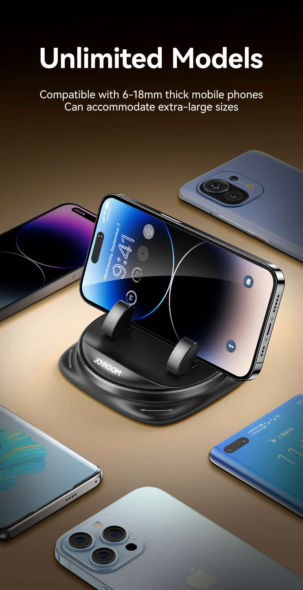 Joyroom Universal Car Phone Holder - ABS Material, 360° Rotatable Dashboard Mount, One-Handed Operation, Super Strong Grip, Upgraded Silicone Design for Secure Phone Placement