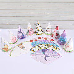 6pcs Birthday Party Paper Hat, Animal Strawberry Mermaid Party Birthday Hat, Event Party Supplies, Disposable Birthday Paper Hat, Holiday Ornament, Creative Small Gift