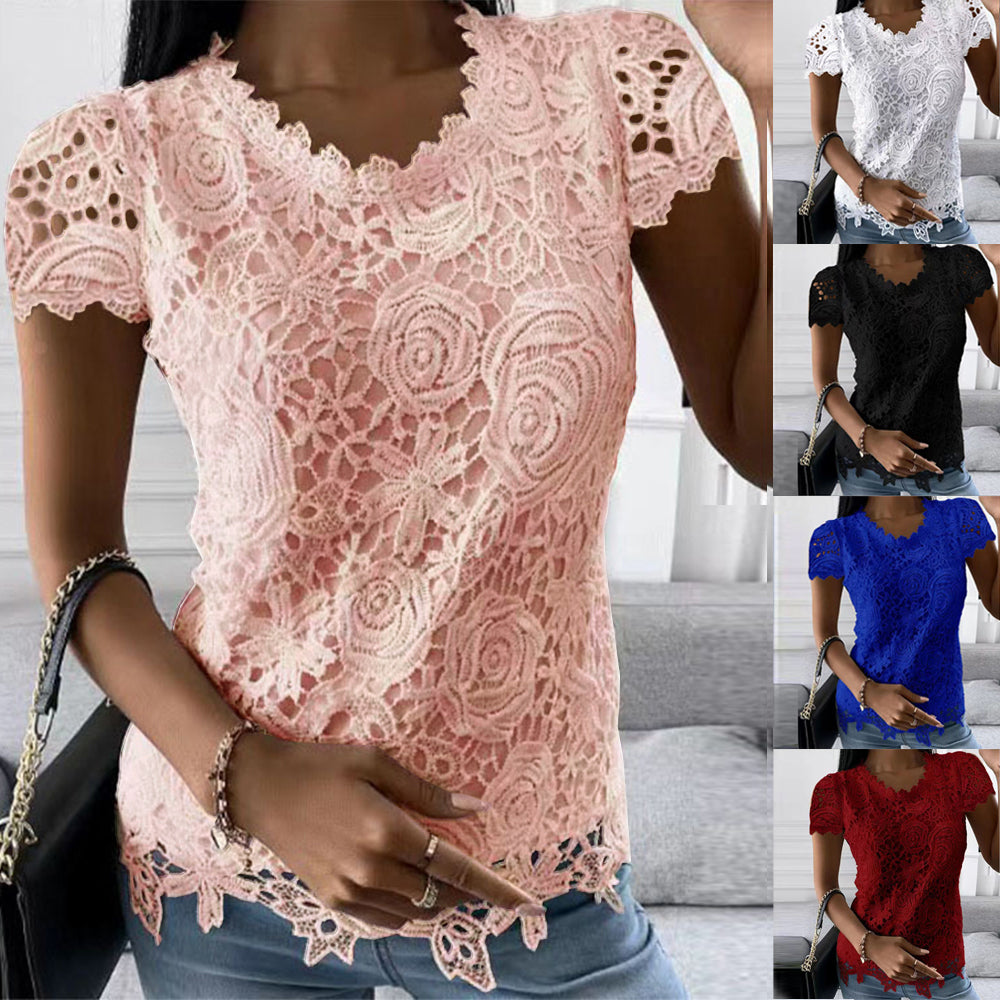 Femmes dentelle col rond hauts T-Shirts dames été décontracté à manches courtes Blouse pull mode vêtements pour