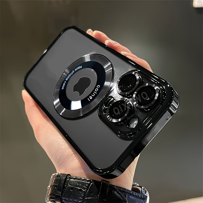 [Luxury Phone Case] Wireless Luxury Phone Case | Transparent Magnetic Electroplated Hollow Logo TPU Shockproof with Lens Film for Iphone 11/12/13/14/15/16 Pro Max Plus Soft Cover