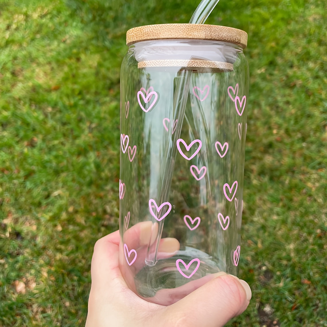 16oz Heart Print Glass Water Bottle with Straw and Lid, Hand Wash Only Recyclable Glass, Reusable Multipurpose Beverage Cup for Coffee, Milk, Juice, Beer