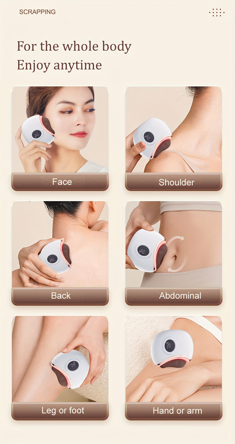 Rechargeable Stone Scraping Face & Body Massager - Firming, Lifting Skin Tool with Bi-Stone, Vibration, Heating & Red Light Relax, USB Charging, White & Pink Design