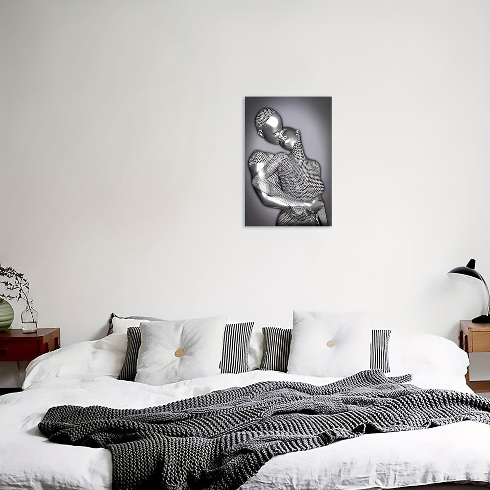 Romantic Couple Embrace Abstract Metal Sculpture Wall Art - Frameless Grey & Black Canvas Print For Bedroom, Living Room, Bathroom Decor - Perfect Valentine'S Day Gift, 12X18 Inches