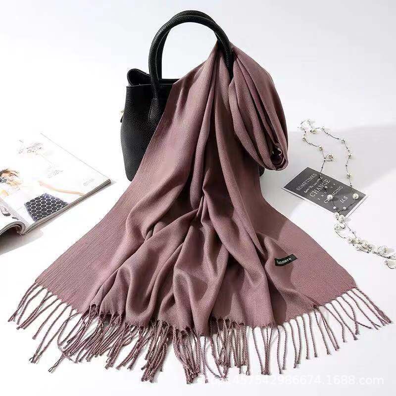 Imitation Cashmere Scarf for Women, Solid Color Fringed Warm Dual-use Shawl