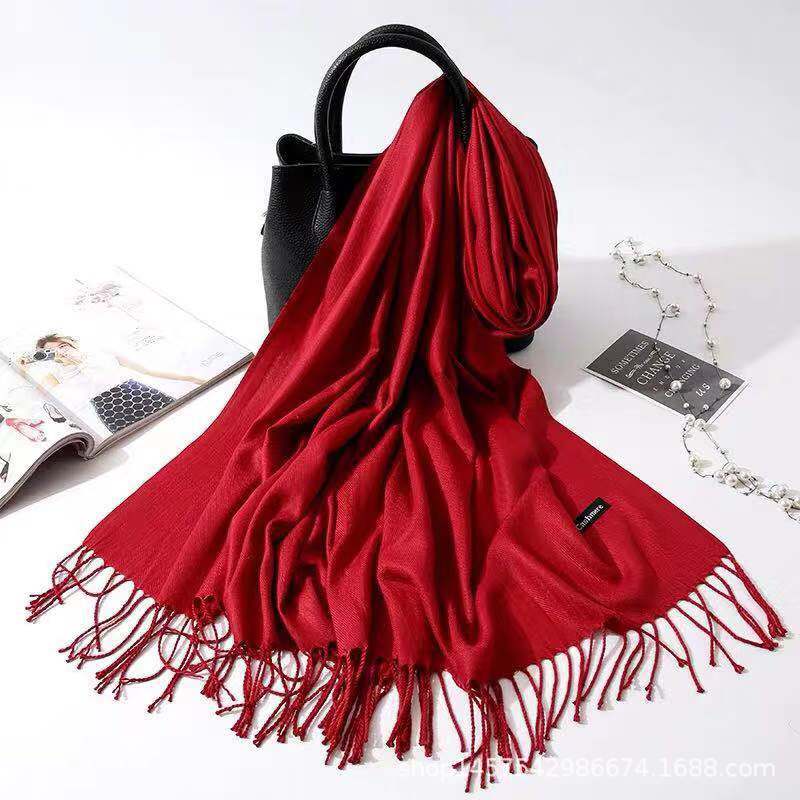 Imitation Cashmere Scarf for Women, Solid Color Fringed Warm Dual-use Shawl