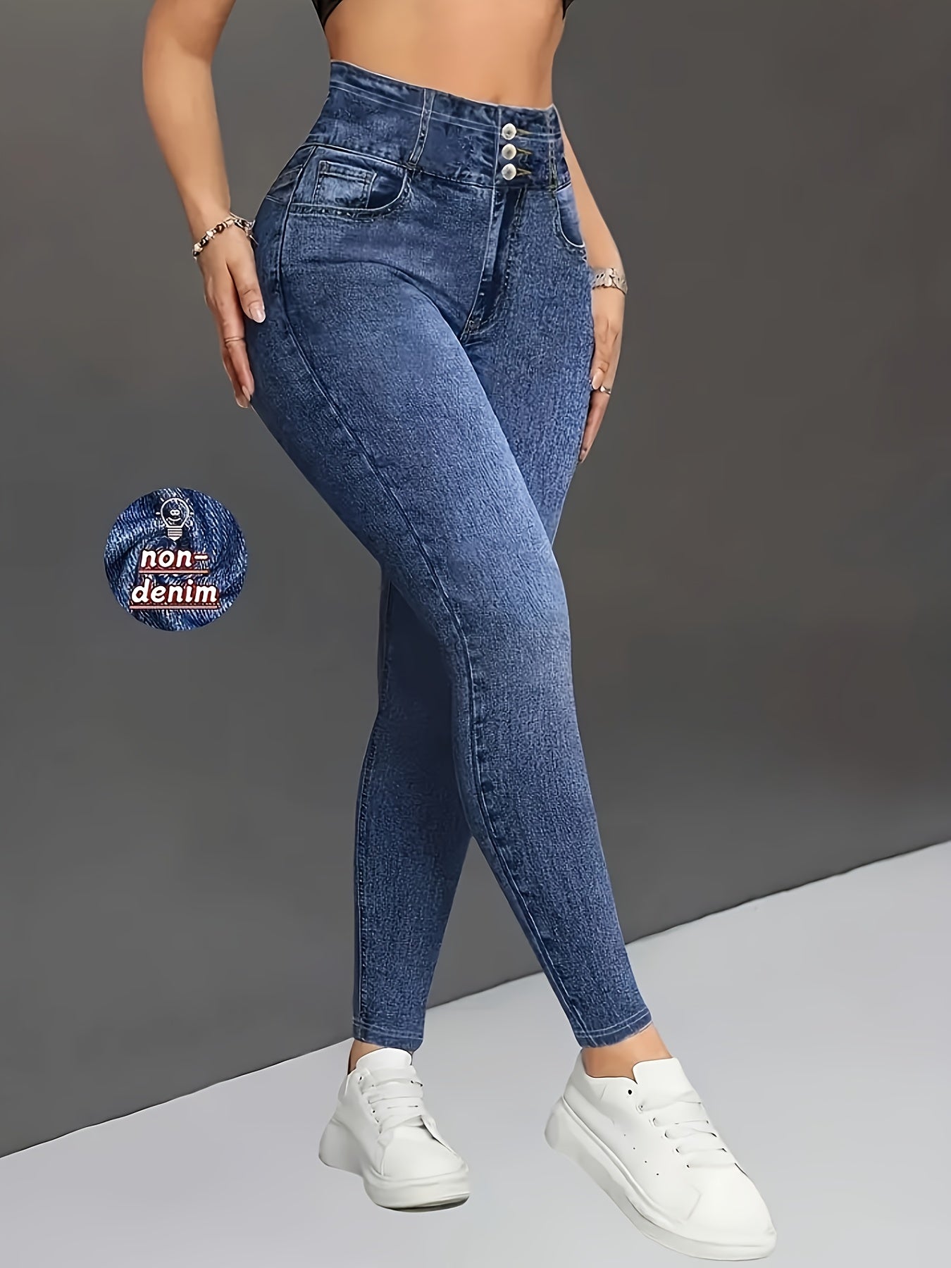 [Denim Print/Imitation Denim] Women's Wash Blue Distressed Imitation Denim Jumbo Jeans - Stretch Skinny-Fit Tapered Leg, All-Season Comfort, Machine Washable Casual to Formal Pants for Everyday & Special Occasions (Non-Nylon