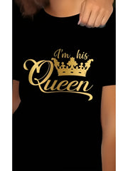 1pc Her King and His Queen Print Couples Matching T-Shirts - Casual Pure Cotton Short Sleeve Crew Neck Tees for Newlyweds & Lovers - Perfect for Christmas & Valentine's Day Gifts 180g Tee, Romantic Couple Wear, Newlywed Appar