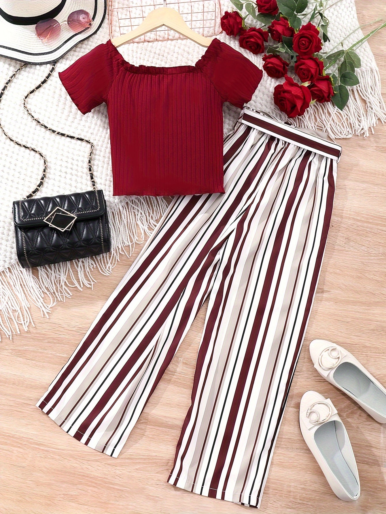 Buy 1 Get 1 Free, total of 2 PCS Adorable Girls' Puff Short Sleeve T-Shirt Top + Striped Pants Set - Soft, Breathable, and Comfortable - Perfect for Spring, Fall, and Christmas Gift Ideas