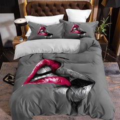 3-Piece Romantic Couple Bedding Set - Vibrant Kiss Sketch Crimson Lips Design, Soft Brushed Microfiber Fabric, Hypoallergenic, Breathable, Easy Care - 1 Duvet Cover + 2 Pillowcases, No Pillow Core Included