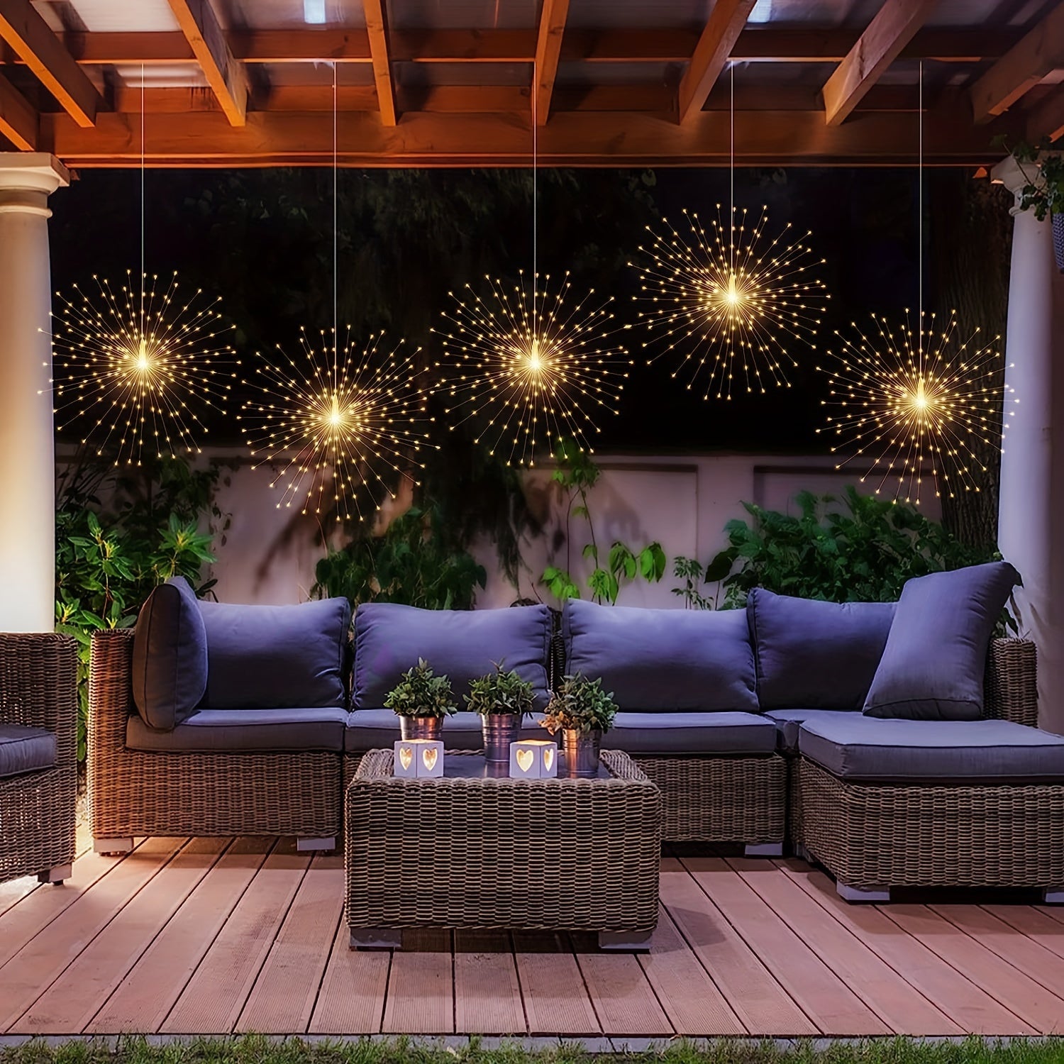 4 Pack Starburst Sphere Lights 800 LED Firework Lights, 8 Modes Dimmable Remote Control Waterproof Hanging Fairy Light, Copper Wire Lights for Patio Parties Christmas
 (Battery Operated)
