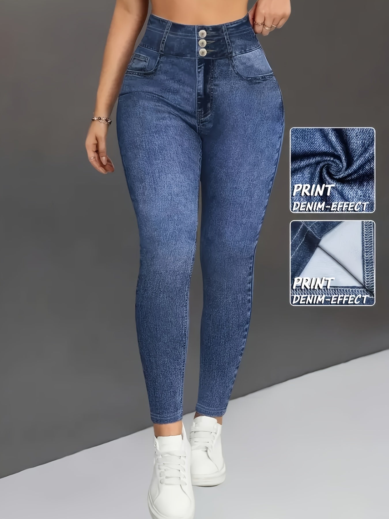 [Denim Print/Imitation Denim] Women's Wash Blue Distressed Imitation Denim Jumbo Jeans - Stretch Skinny-Fit Tapered Leg, All-Season Comfort, Machine Washable Casual to Formal Pants for Everyday & Special Occasions (Non-Nylon