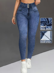 [Denim Print/Imitation Denim] Women's Wash Blue Distressed Imitation Denim Jumbo Jeans - Stretch Skinny-Fit Tapered Leg, All-Season Comfort, Machine Washable Casual to Formal Pants for Everyday & Special Occasions (Non-Nylon