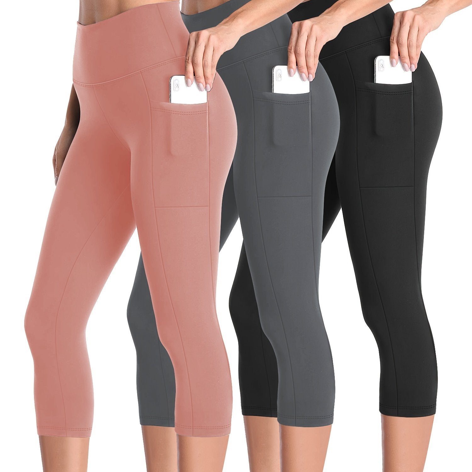 3pcs Set, Standard Size High Waist 7-point Women's Pants with Practical Side Pockets, High Elastic Body Shaping Leggings, Super Soft Tummy-controlling, Non-see-through Shorts.