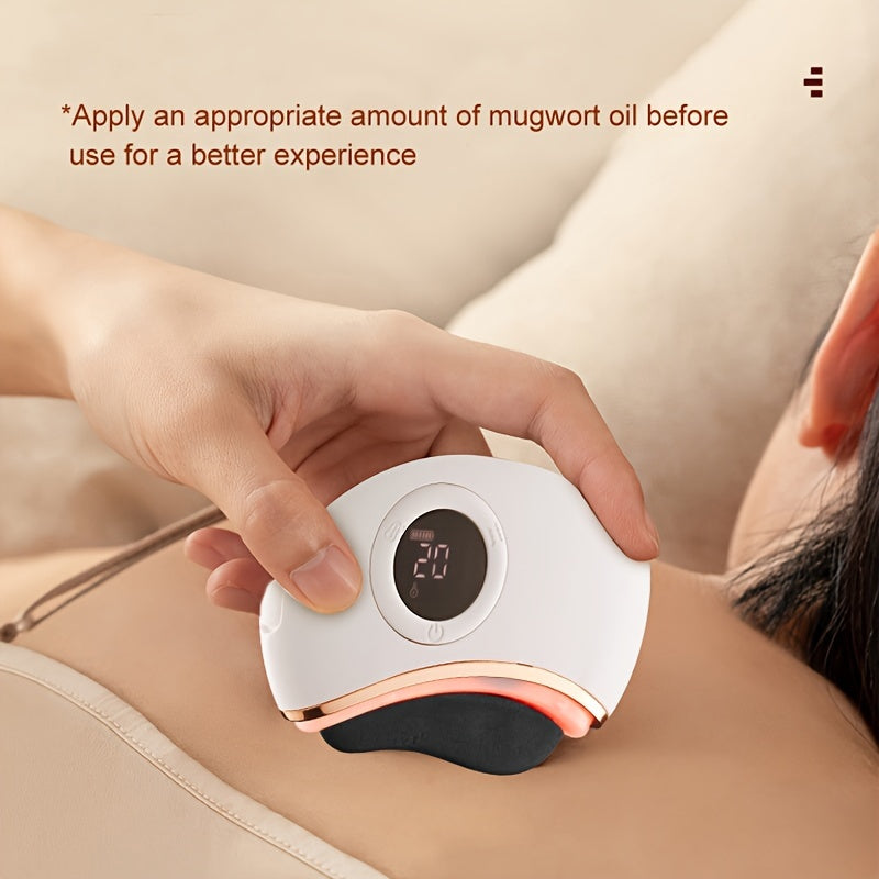 Rechargeable Stone Scraping Face & Body Massager - Firming, Lifting Skin Tool with Bi-Stone, Vibration, Heating & Red Light Relax, USB Charging, White & Pink Design