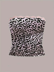 Women's Strapless Top, Women's Lace-Trimmed Strapless Top, Women's Casual Pants Set, Cute Women's Pants Set, Fashionable Women's Outfit, Leopard Print Women's Ensemble.