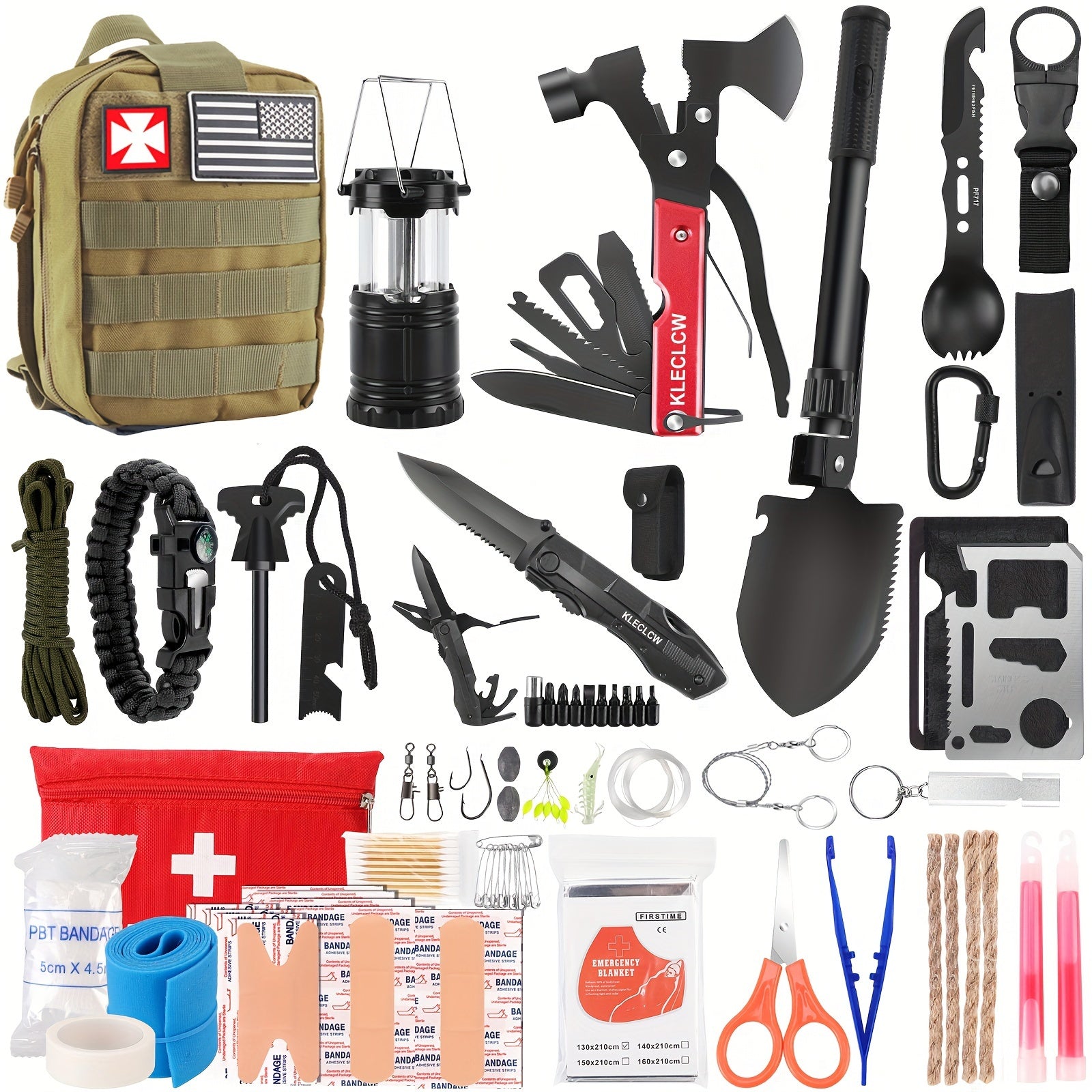 Survival Kit and First Aid kit, 160Pcs Emergency Supplies Camping Accessories With Upgraded Molle Bag, Including Hatchet Shovel Pliers Lantern, Gifts for Men Outdoor Adventure Camping Hiking Hunting
