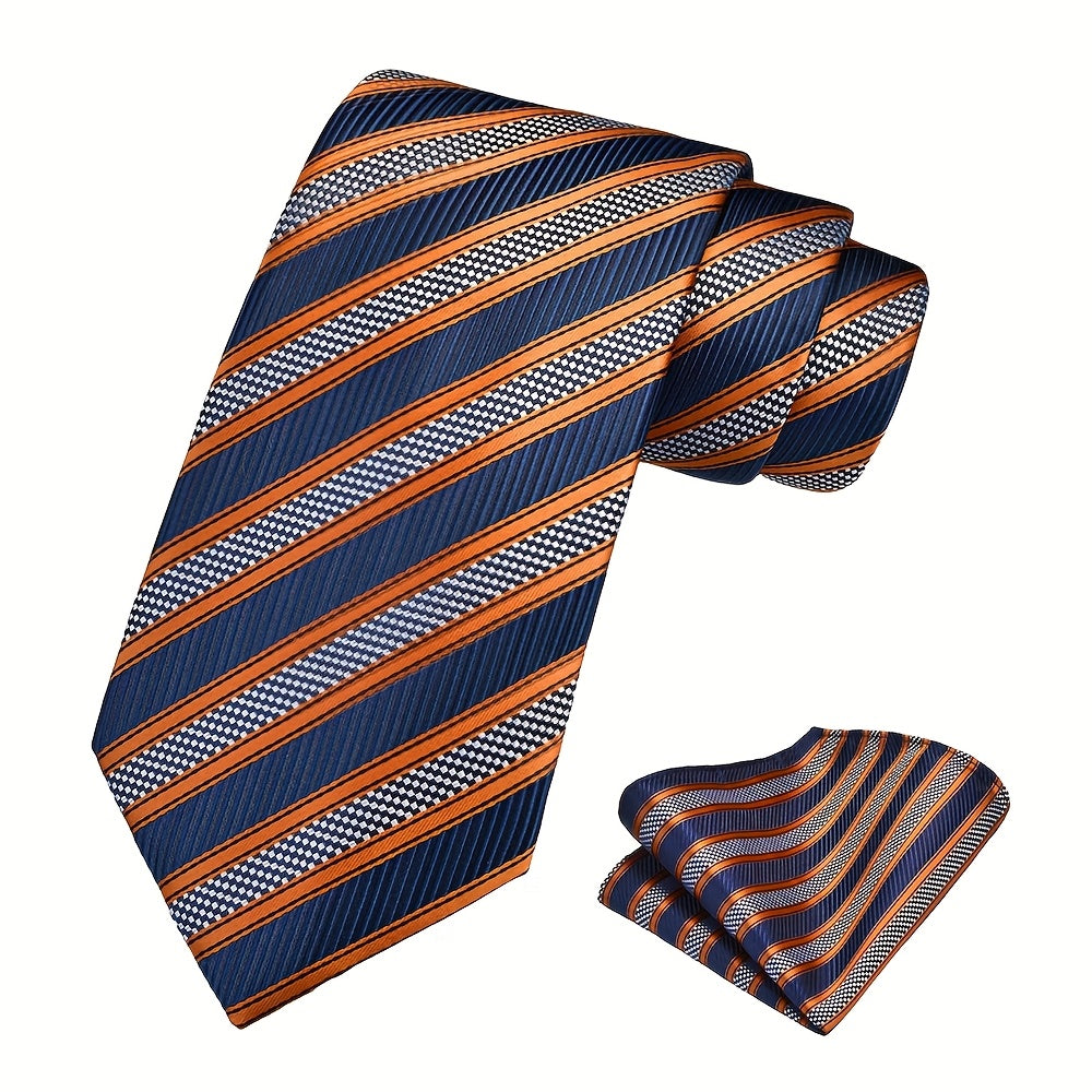 Ricnais Set of 2 Men's 8cm Striped Tie and Square Scarf High Quality Classic Fashion Wedding Party Business Tie Set Men's Wedding Accessories Home Gift Christmas Gift Party Gift