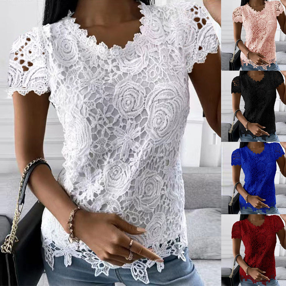 Femmes dentelle col rond hauts T-Shirts dames été décontracté à manches courtes Blouse pull mode vêtements pour