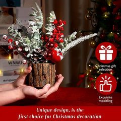 Classic Christmas Centerpiece with Red Berries, Pine Cones, and Greenery - Festive Tabletop Artificial Mini Tree Decoration, Non-Electric, Featherless Holiday Ornament Set in Faux Tree Stump (Tree Stump-Red)