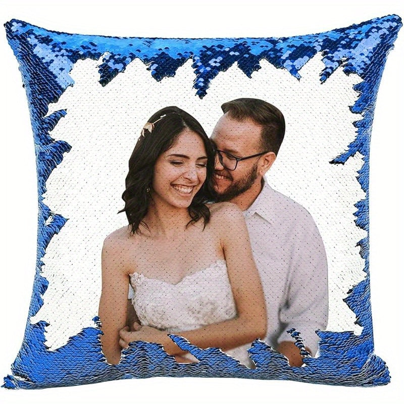 1pc Romantic Couple Photo Pillow Cover - Magical Reversible Home Decor Gift, 18.0inch x 18.0inch Anniversary Decoration Pillowcase, Peach Fleece Material with Simulated Sequin Design (No Sequins, Glitter Effect is Design)