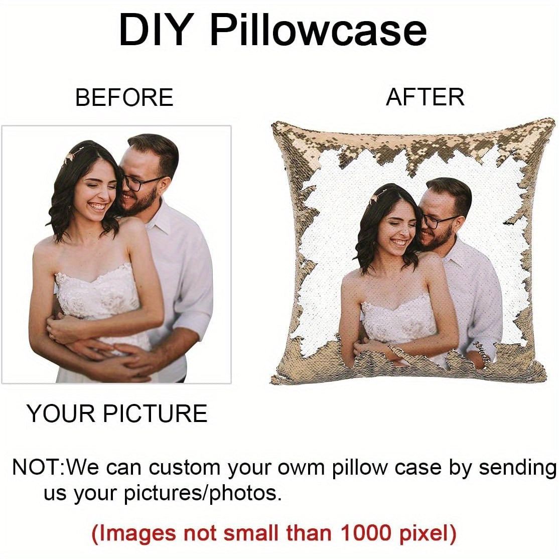1pc Romantic Couple Photo Pillow Cover - Magical Reversible Home Decor Gift, 18.0inch x 18.0inch Anniversary Decoration Pillowcase, Peach Fleece Material with Simulated Sequin Design (No Sequins, Glitter Effect is Design)