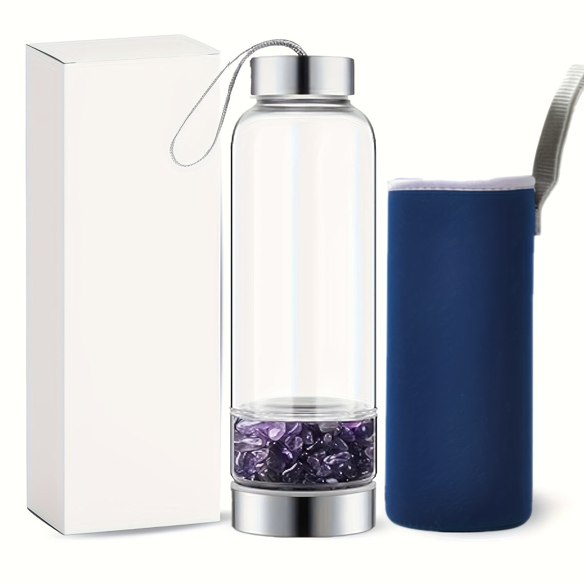 15oz Enchanting Crystal Glass Water Bottle with Natural Stone Infusion - Sustainable, Relaxing Gift for Women with Protective Cover and Detachable Gemstone